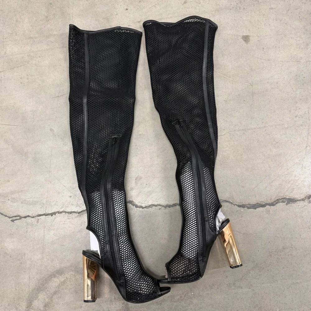 Bamboo Black Mesh Over The Knee Boots Open Toe Gold Block Heel Womens 7